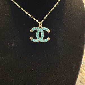 UPCYCLED CHANEL Gold Necklace with Blue Crystal Pendant